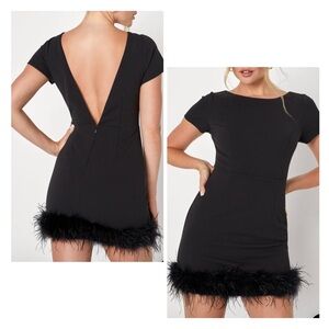 Lulus Exceptional Babe Black Short Sleeve Backless Feather Mini Dress